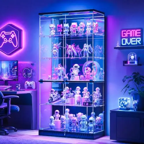 Full Glass Display Cabinet with RGB Lights and Lock for Collectibles, Black | Human Body Induction, 5 Dynamic & 7