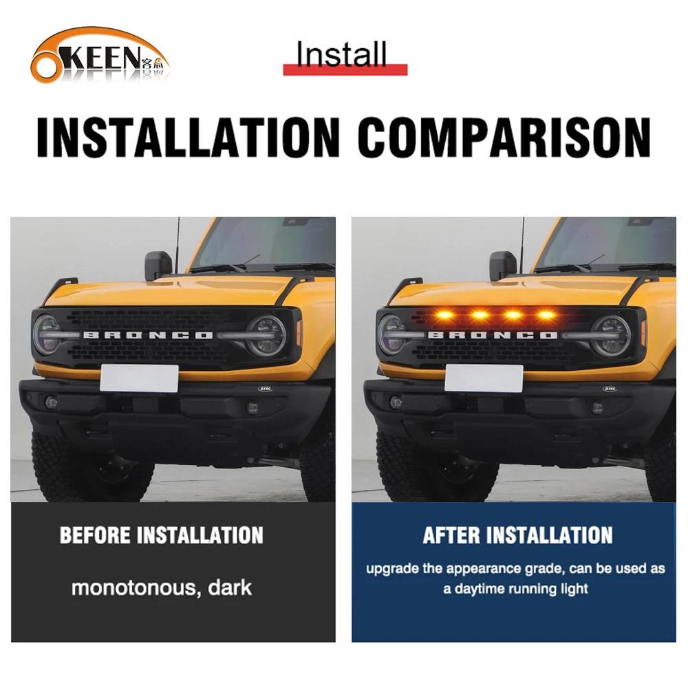 OKEEN LED Car Front Grille Lights For Ford Bronco 2021 2022 2023 Amber Driving Lamp Auto Accessory Car Daytime Running Light 12V