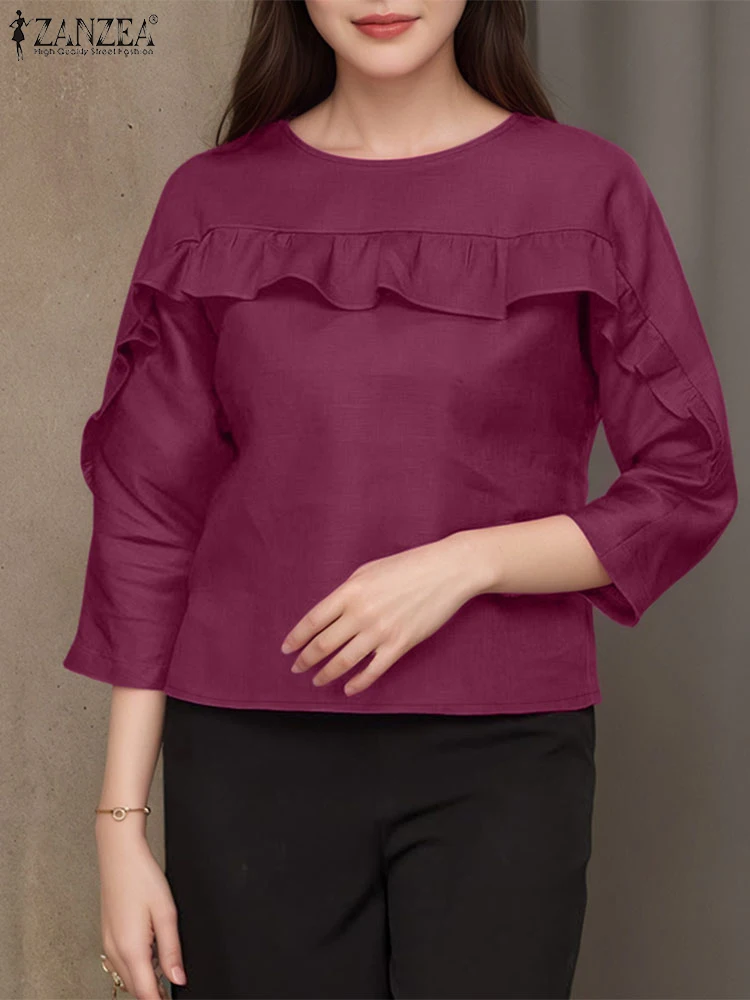 

ZANZEA Women Cotton Tops Fashion Autumn Ruffled Blouses 2025 Tunic Shirts 3/4 Sleeve Casual Solid Color Loose Oversized Blusas