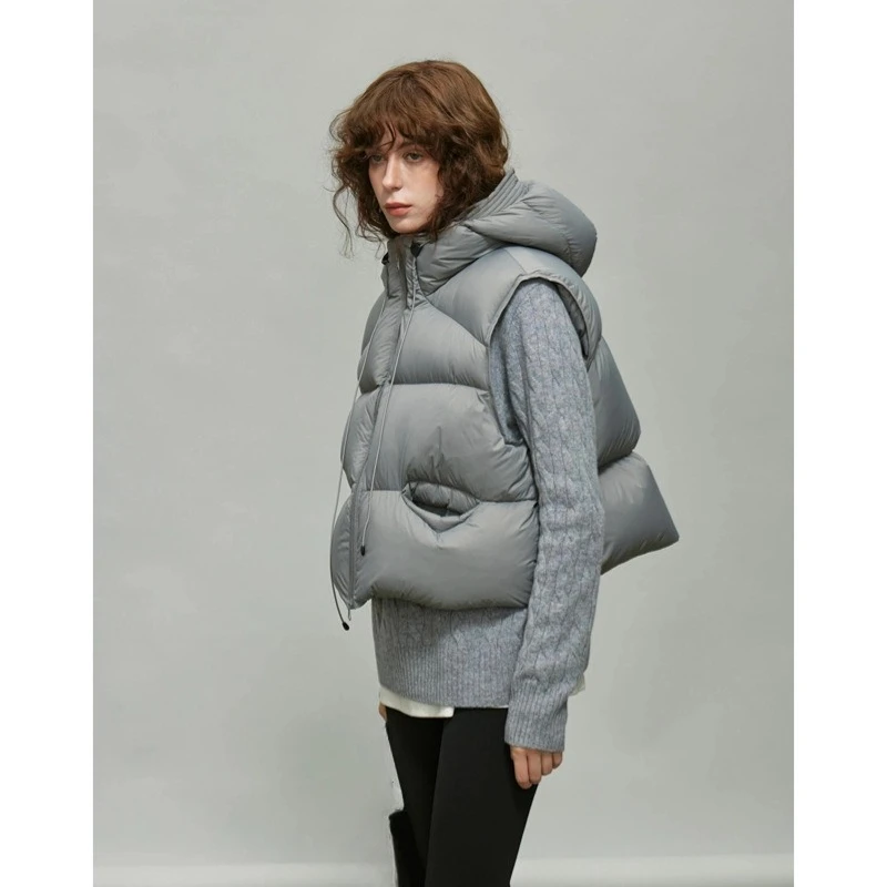 Branco ganso para baixo com capuz colete curto feminino outono e inverno novos puffs pequeno colete jaqueta grossa bonito temperamento