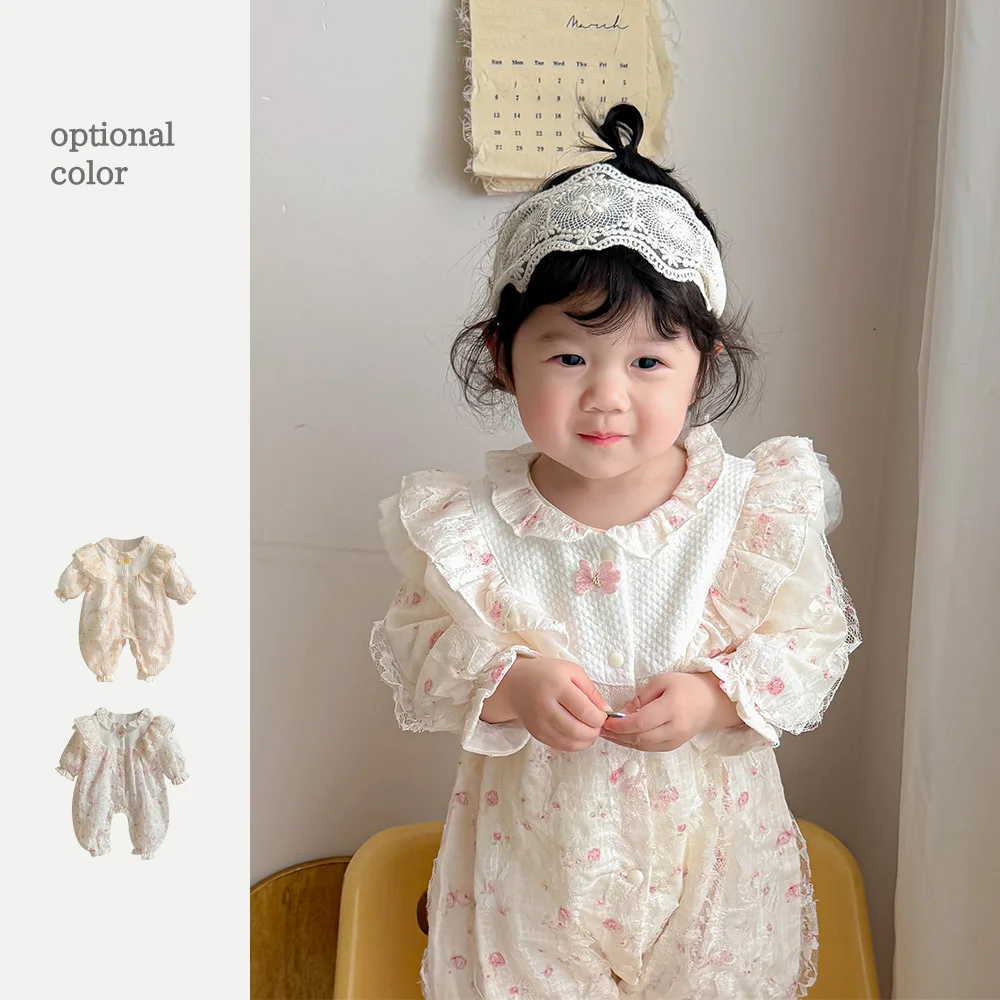 2024 Autumn New in Infant Princess Style Cute Clothing Kids Ruched Floral Lace Jumpsuits Newborn Baby Outfits Romper 0-24M