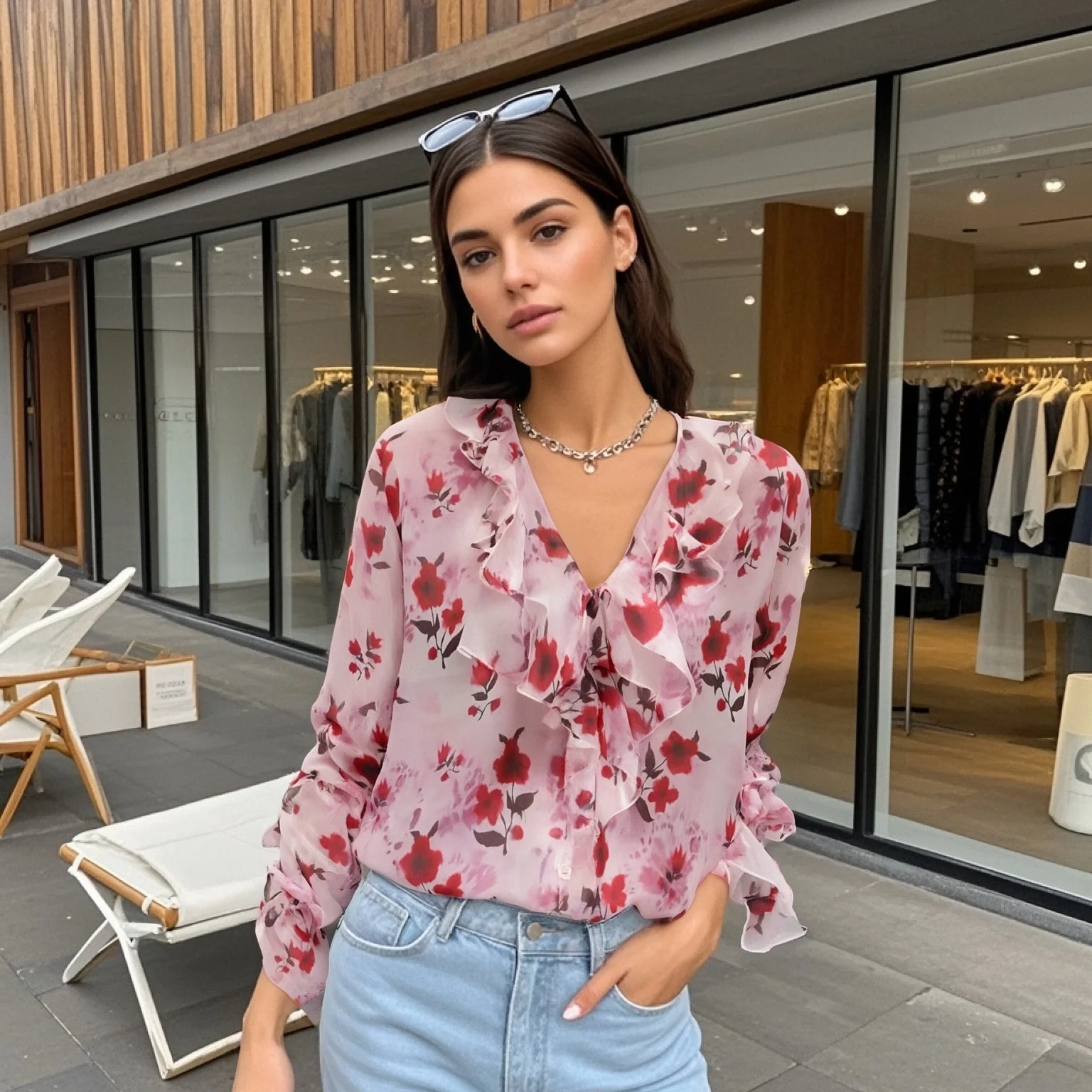 

2025 Summer New Women's European and American Style Fashion Temperament Watermark Flower Sunscreen Long Sleeve Blouse