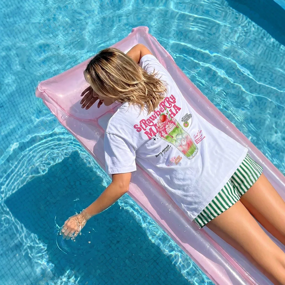 Strawberry Matcha Ice Cream Beverage Print Women T-Shirt Cotton Y2K T Shirts Sports Running Short Sleeve Loose Summer Streetwear