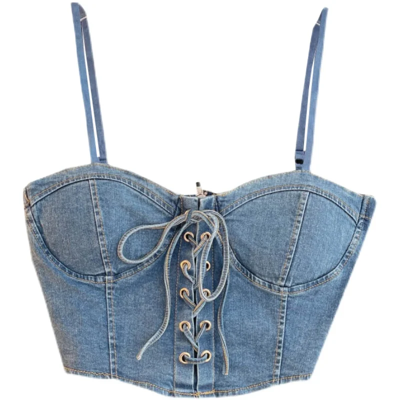 Design con cinturino sexy ort Denim Crop Top Capispalla da donna Faion Trend Bal Commute Sle Colore puro Altro materiale