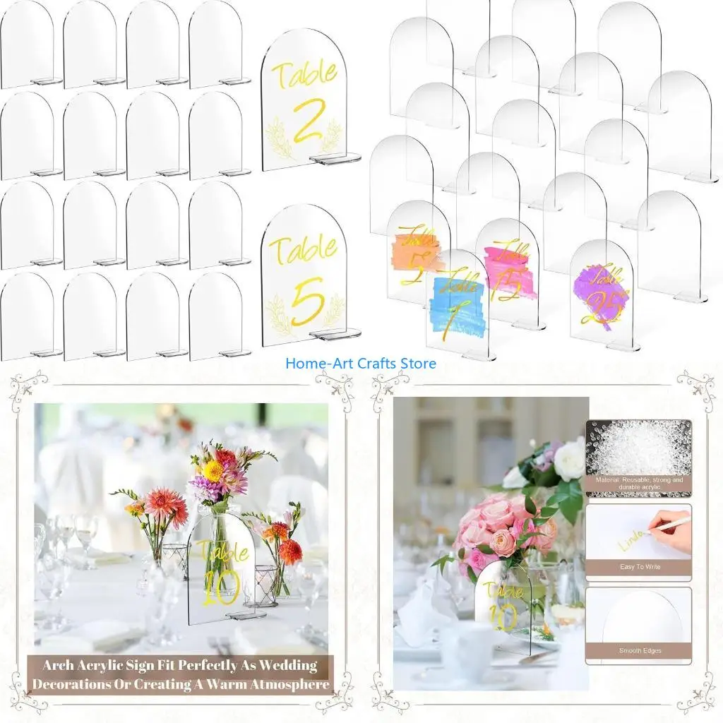 Y3NA 5 Sets Clear Arch Acrylic Sign with Stand Guest Name Tag Round Top Acrylic Table Numbers Place Card for Seat Card for