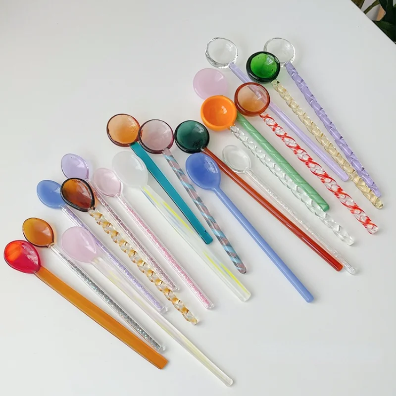 1pc  Korean Style Lovely Candy Series Colored Glass Spoon Spiral Twist    Coffee Stirring  Kitchen Tools