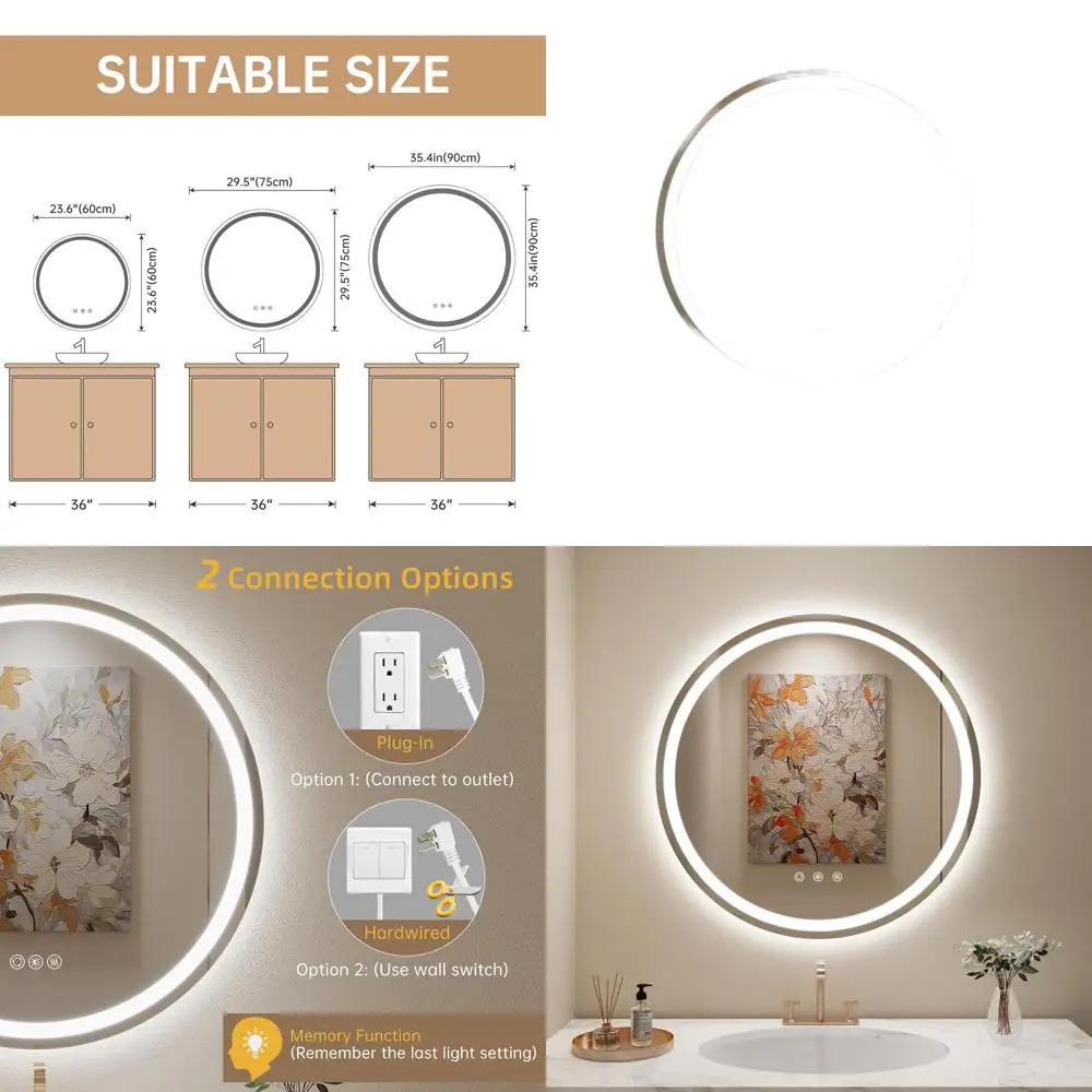 

Round 30 LED Bathroom Mirror with Dimmable Lights, 3 Color Changing, IP54, Shatterproof