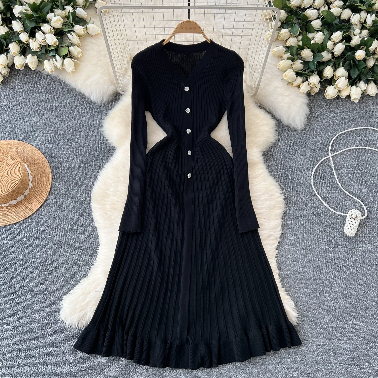 2024 Pink French Fashion Knitted Maxi  Long  Dress Women V Neck Button Single Breasted Ruffles Slim Sweater Party Dress