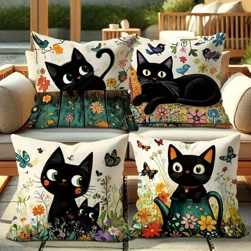 1PC 2D Flat Cute Black Cat Floral Throw Pillow Covers Home Decor Cushion Cases No Pillow Core Unreal Embroidery