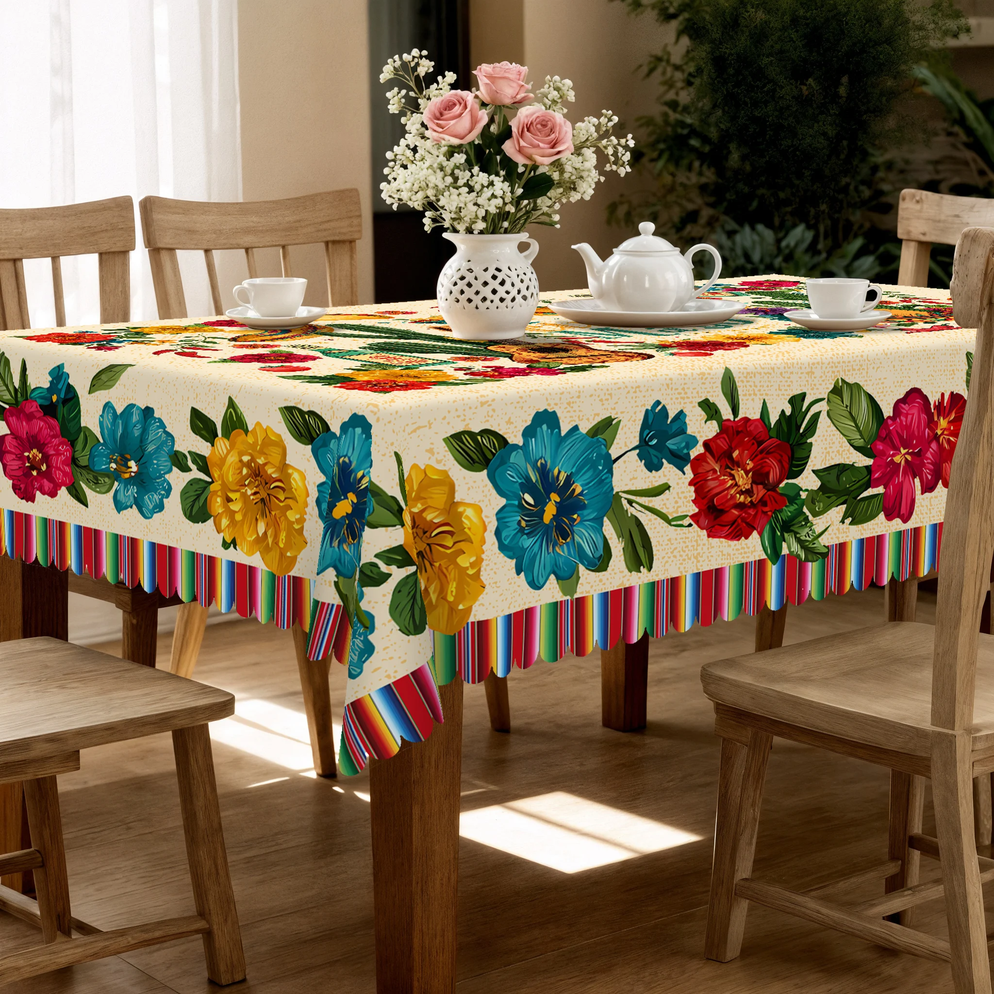 Mexican-Style May Festival Tablecloth, Vibrant and Exotic, with Prints of Delicate Flowers, Food, Cacti, Guitars, and Top Hats, Embossed Edges, Waterproof, Wrinkle-Resistant, Fade-Resistant, Available in Round and Rectangular Shapes, Suitable for Indoor and Outdoor Table Decoration in Spring, Summer, Autumn, and Winter, Ideal for Home, Kitchen, Restaurant, Terrace, Courtyard Use, Buffet Outdoor Parties and Camping, Perfect as a Gift Mexico 5