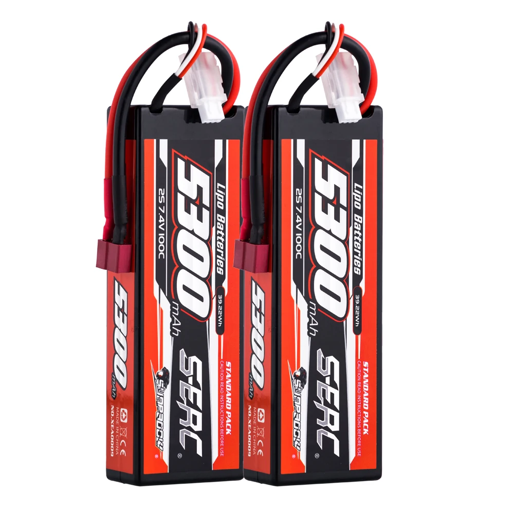 SUNPADOW 5300mAh 2S Lipo Battery for 7.4V T Plug 100C Hard Case with RC Car Plane DJI Truck Tank Buggy Racing Boat Models 2 Pack