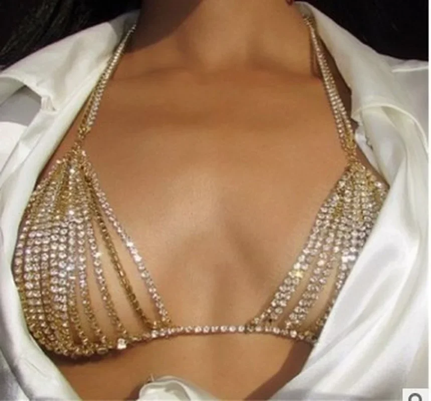 Sexy Vrouwen Glanzend Kristal Strass Bh Borst Body Chain Mode Been Kettingen Bikini Sieraden Voor Dames Zomer Strandjurk