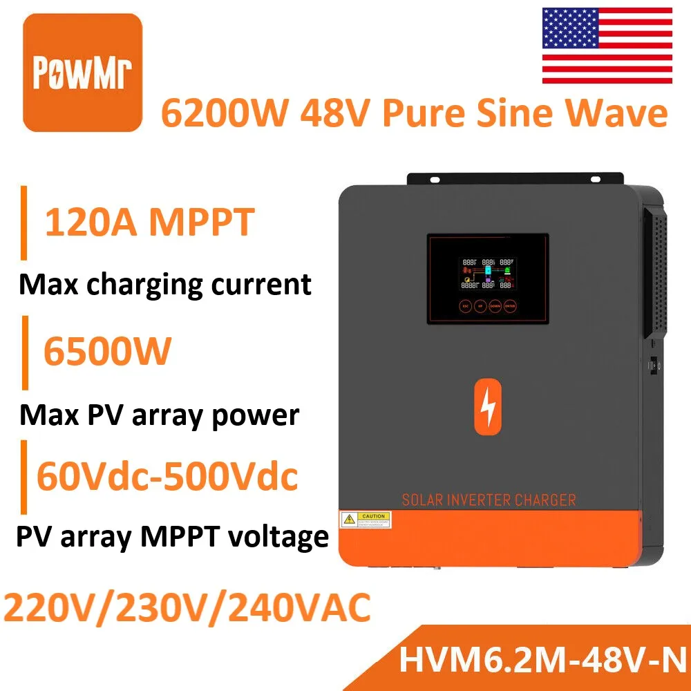 POWMR 6200W 48V Hybrid Solar Inverter and 4200W 24V Off Grid Pure Sine Wave Inverter with MPPT 120A Solar Charge Controller