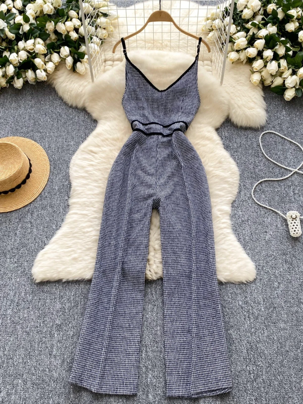 Faionable Cheered High-Waisted Slimming Women's Jumpsuit with Strap Autumn Collection Casual Sle Commute Straight Leg P...