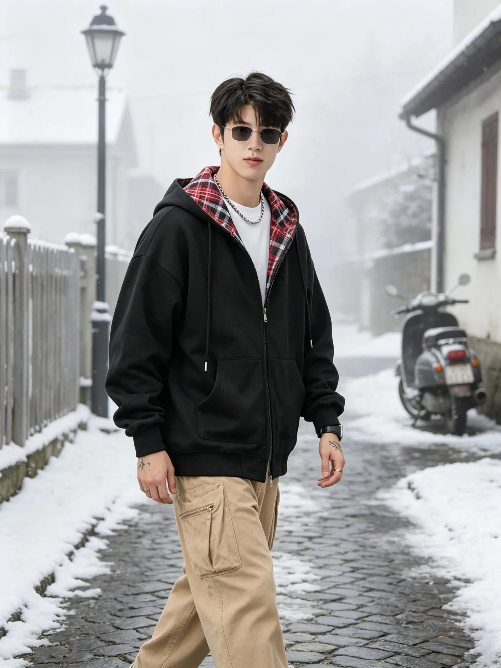 Contrast Plaid Inner Hood Zip Sweatshirt Men Soft Thick Jersey Loose Fit All-Match Streetwear Outer Coat