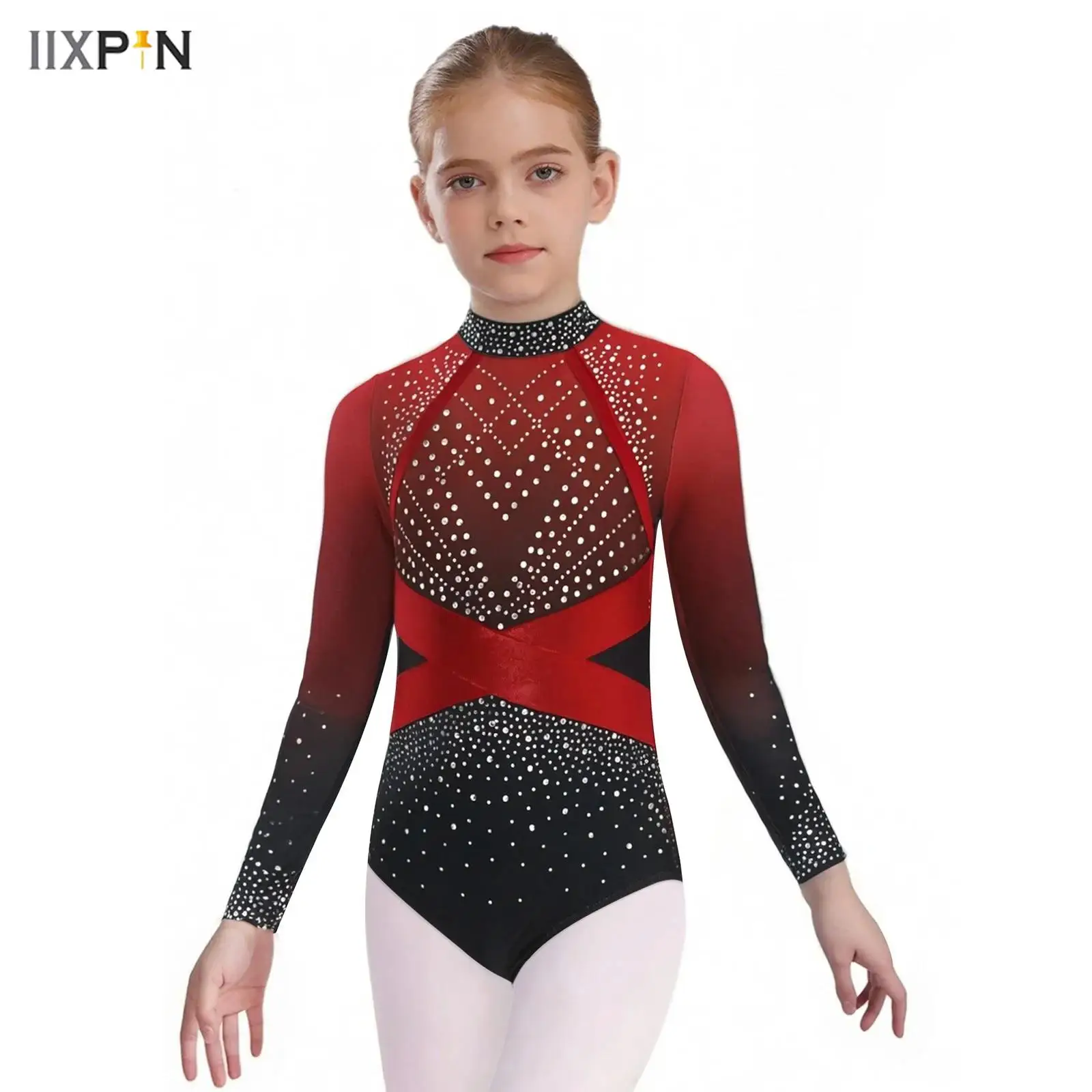 

Children Girls Gymnastics Ballet Dance Leotard Color Block One Piece Shiny Faux Diamonds Long Sleeve Ballerina Ballroom Jumpsuit