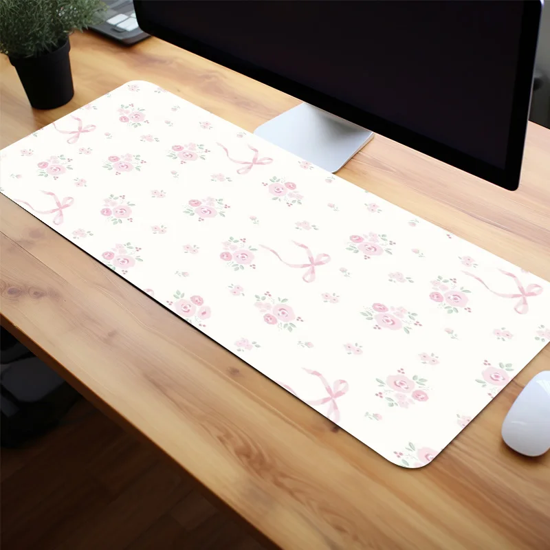 Light Pink Lovely Flower Green Leaves Bow Aesthetic Large Gaming Mouse Pad Non-slip Office Accessories Birthdaye Tens Friends