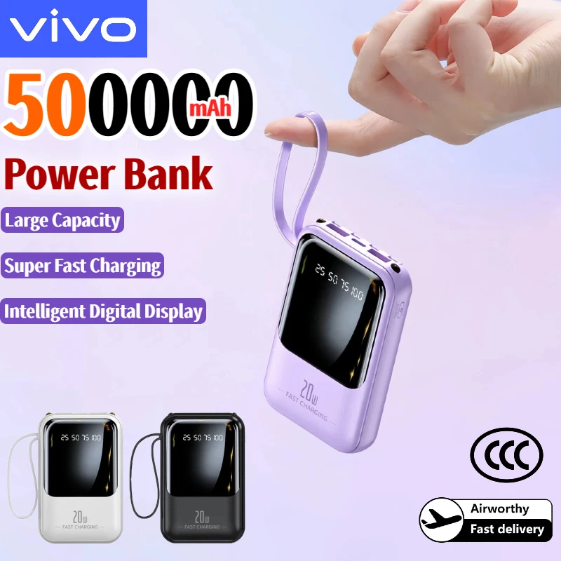 

VIVO 500000 мАч, 20 Вт, внешний аккумулятор большой емкости, быстрая зарядка, цифровой дисплей, внешний аккумулятор, встроенный 4 кабеля для iPhone Huawei