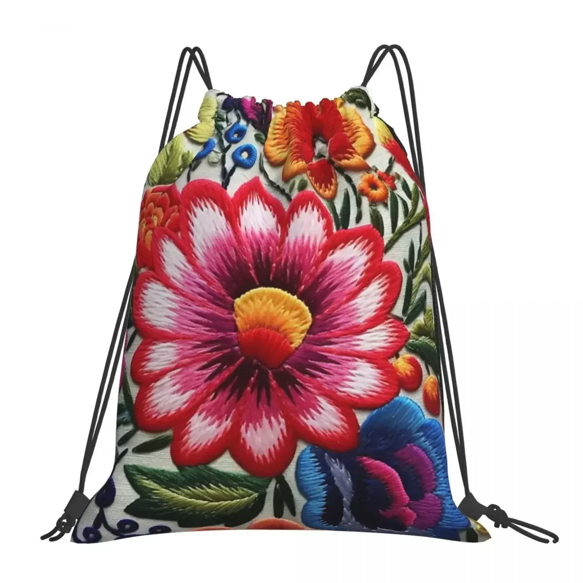 Colorful Mexican Floral Embroidery Backpacks Drawstring Bags Drawstring Bundle Pocket Storage Bag BookBag For Travel Students