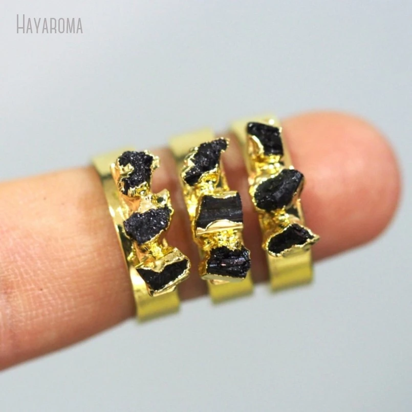 10Pcs Wholesale  Gold Color Black Tourmaline Free Form Three Stone Ring RM45160