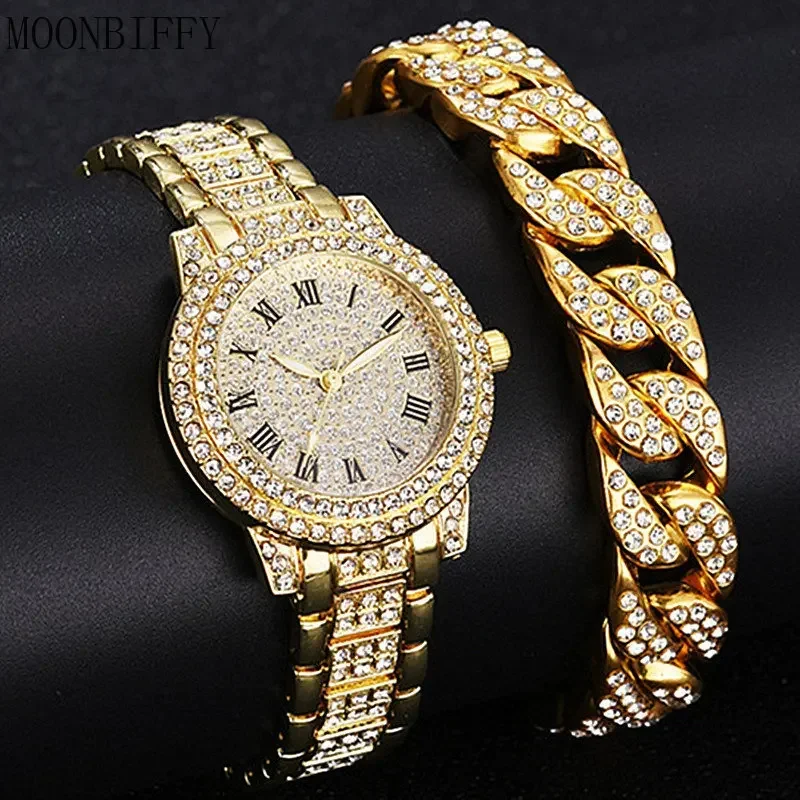 2PCS Luxury Quartz Wristwatches Alloy Full Diamond Rhinestone Mirror Men's Quartz Watch with Calendar and Hip Hop Bracelet Set