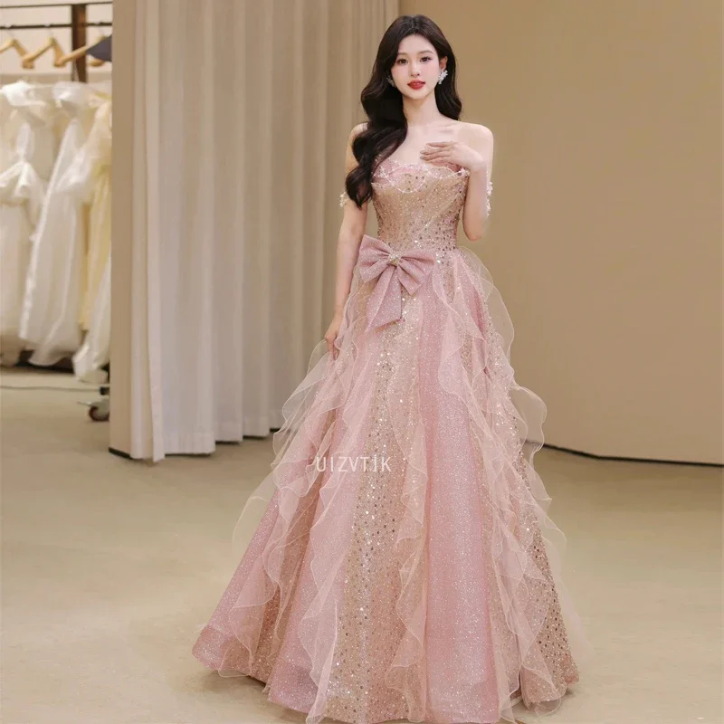 

Pink Sweet Bow Birthday Party Evening Dress Women Elegant Strapless High Waist Fairy Bridesmaid Dress Customized Prom Dress