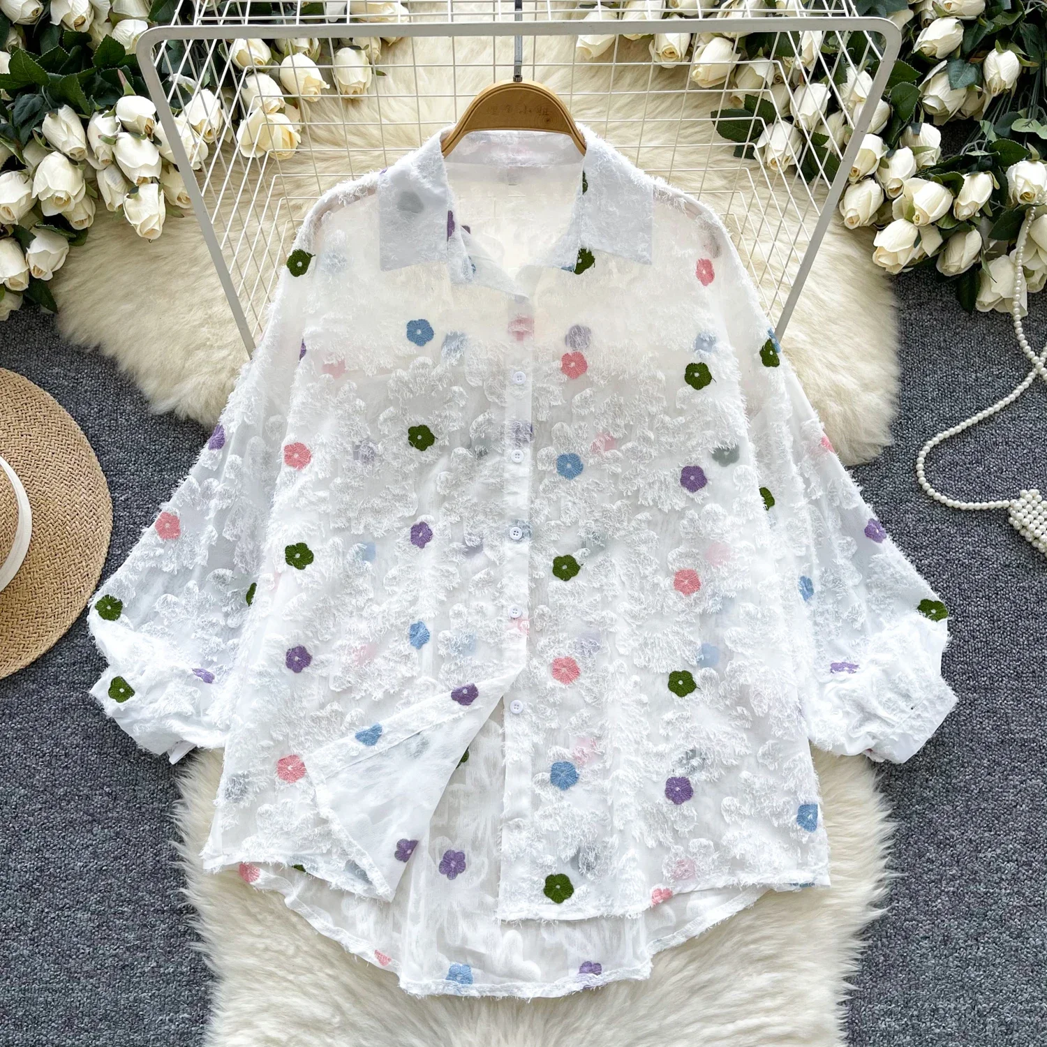 Vintage Long Puff Sleeve Casual Mesh Embroidered Hollow Out Shirt Slim Basics Floral Chic Women High Street Streetwear Blouse