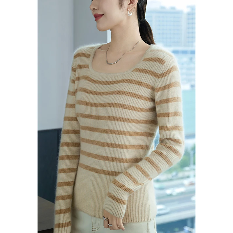 

100% Wool Cashmere Stripe Sweater Women Polychrome Knitted Long Sleeve Elasticity Bust Round-neck Ladies Sweater