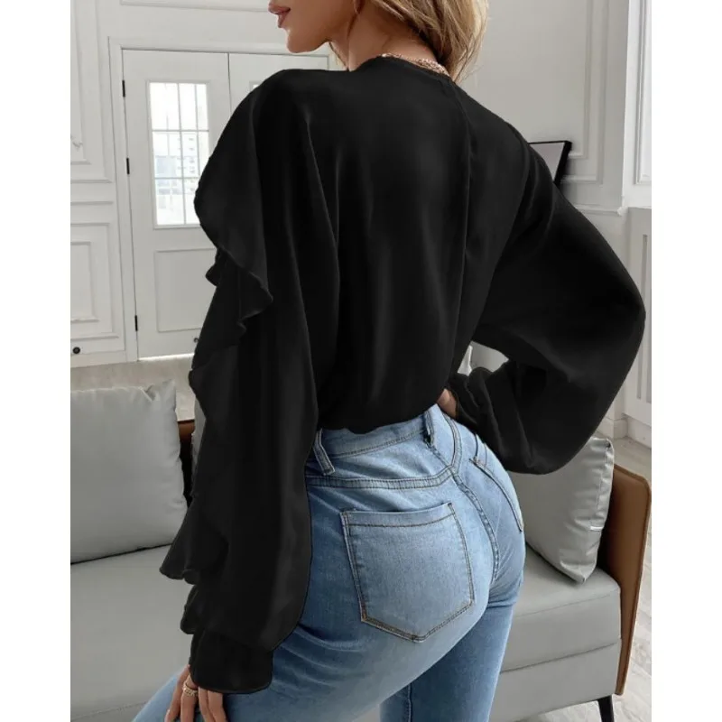 New Arrivals Temperament Design Sense Spring Summer Women\'s Clothing Solid Color V-neck Flounce Top Shirt Long Sleeve