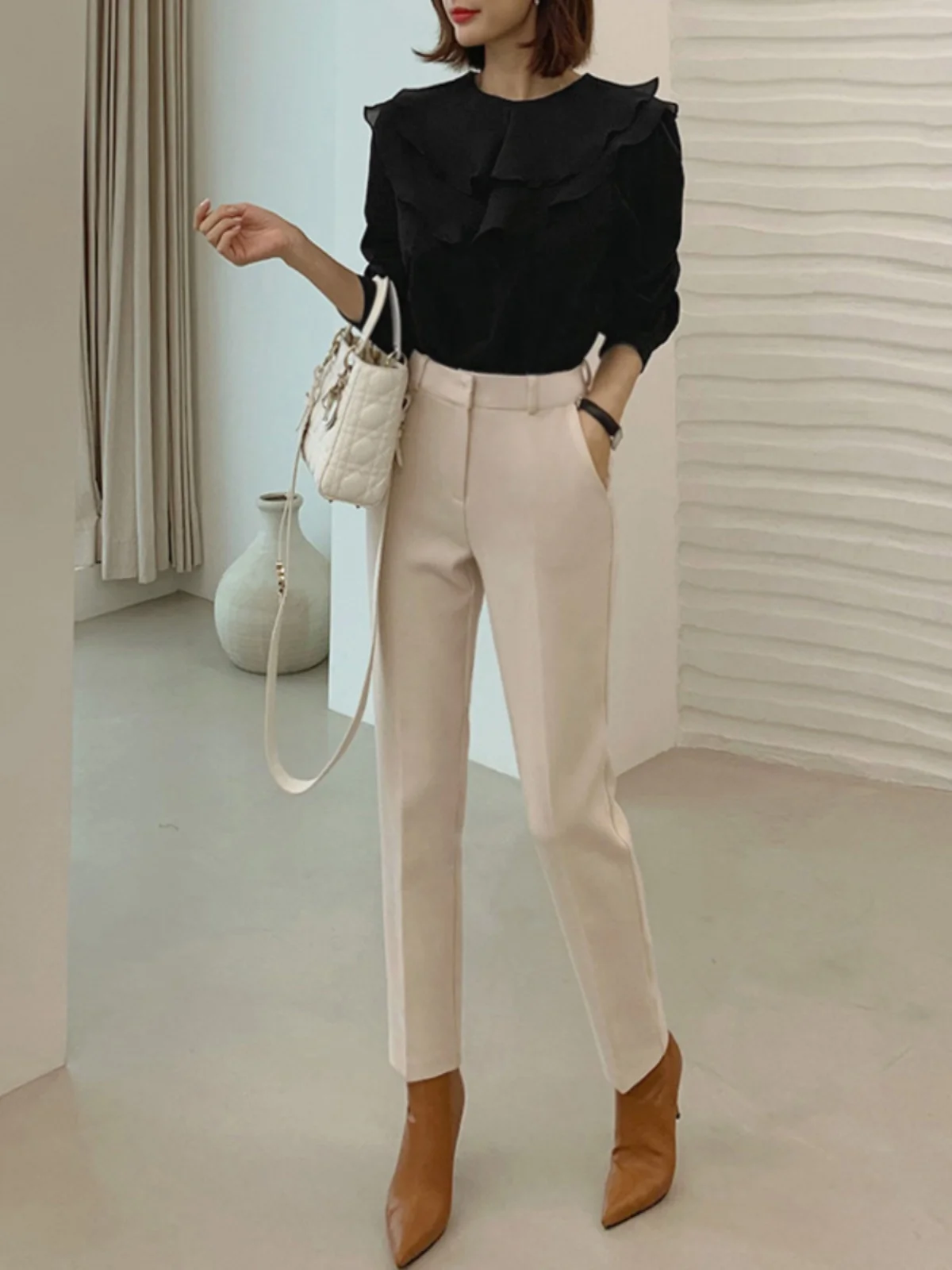 

Khaki Straight Leg Loose High Waist Women's Suit Pants Casual Spring Autumn Nine Points Cabbage Pants Dra Loose Trousers