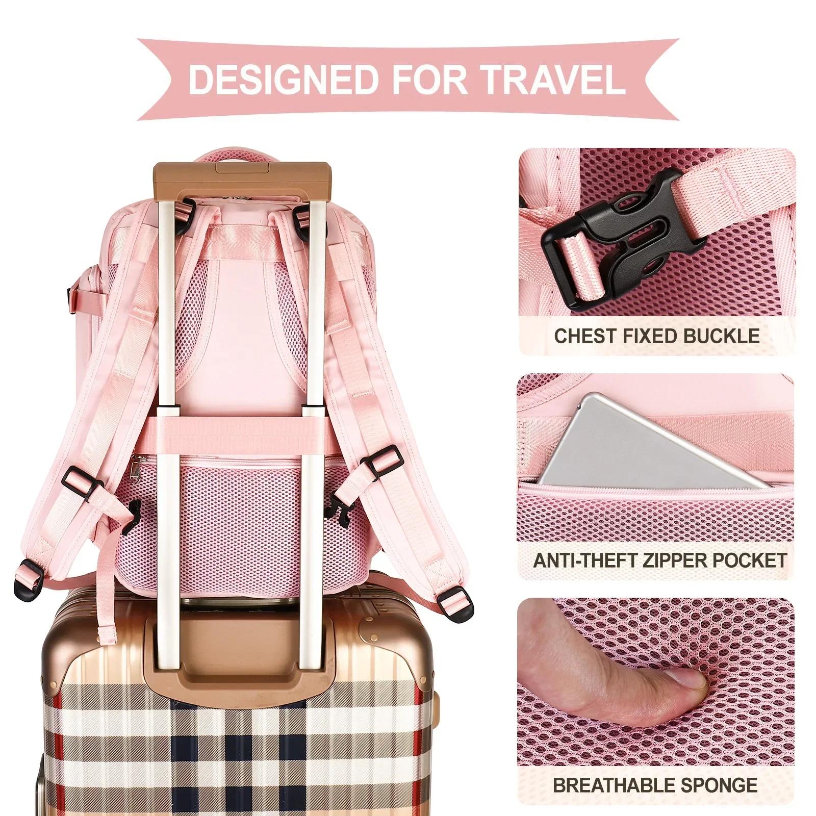 Pink Travel Backpack Women Airplane Large Capacity Multi-Function Luggage Lightweight Waterproof USB Charging Bag Sports Bagpack