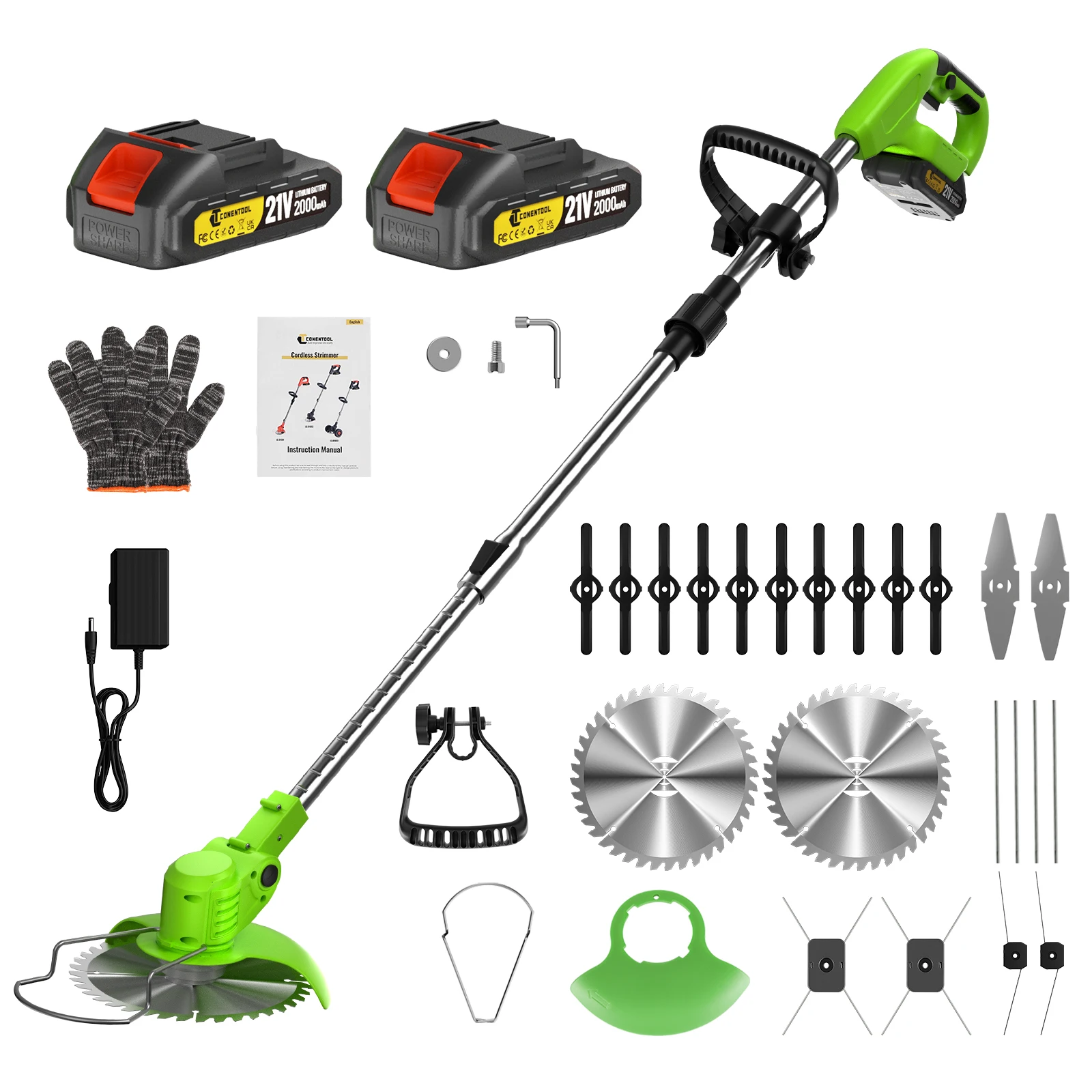 CONENTOOL 6 Zoll Kabelloser Rasentrimmer 15000RPM Rasenmäher Faltbarer Verstellbarer Unkrautentferner 2x2000mAh für Makita 18V Akku