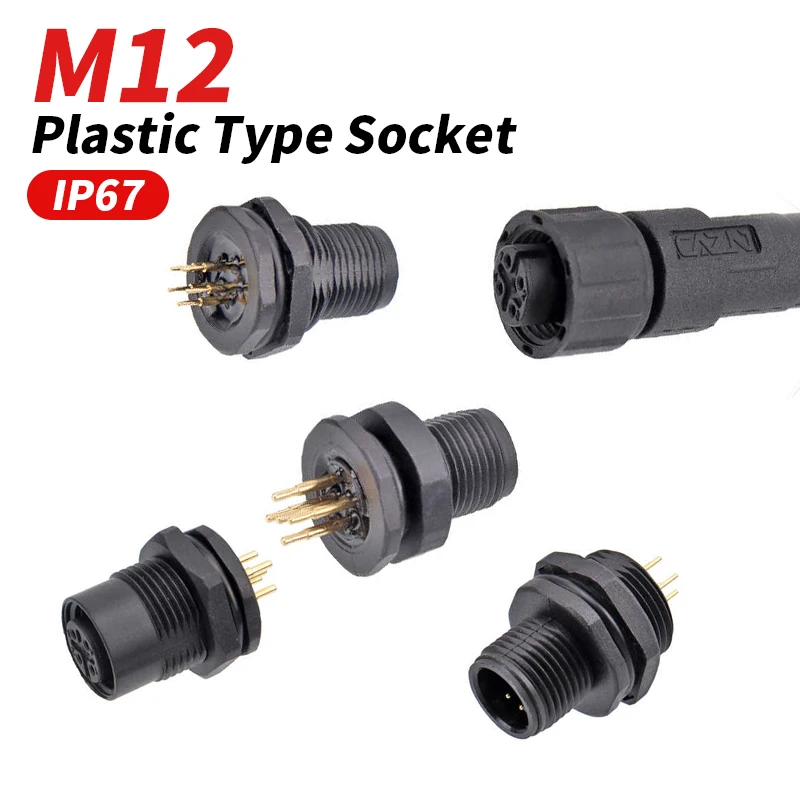 M12 4Pin 5Pin Waterfproof Wire Connector A  B  D Type Coding Flange Seat Soldering Board PCB Type 12Pin 17Pin Male Female Plug