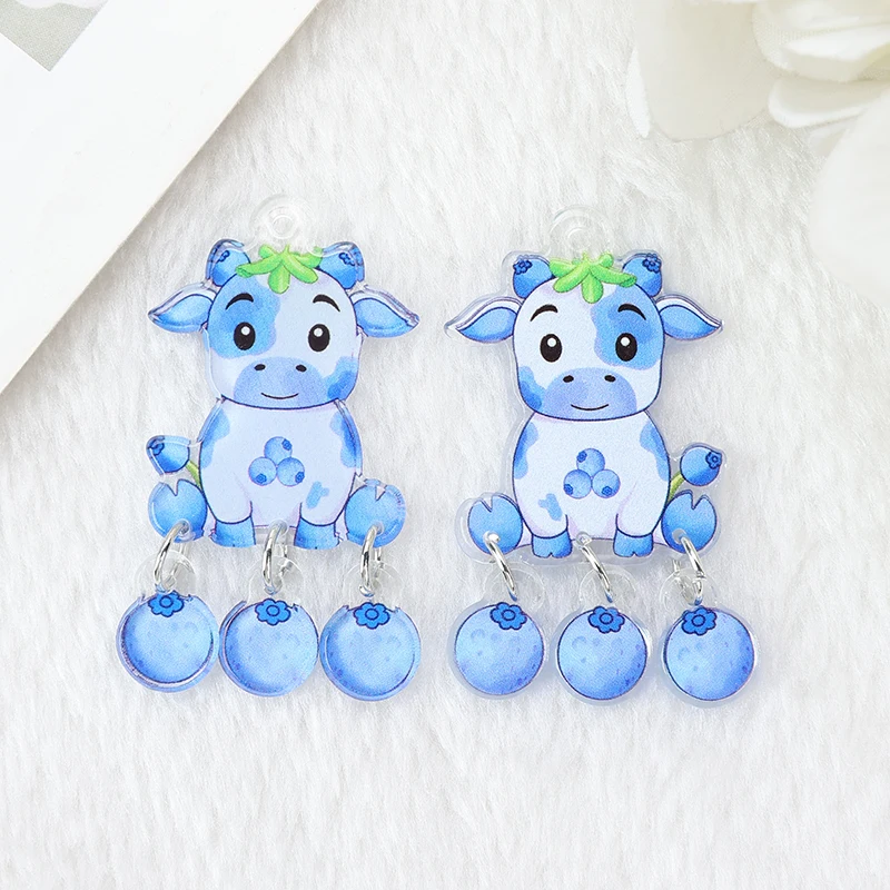 4Pcs Cute Blueberry And Strawberry Cattle Charms Creative Acrylic Pendant For Necklace Keychain Diy Making Accessories