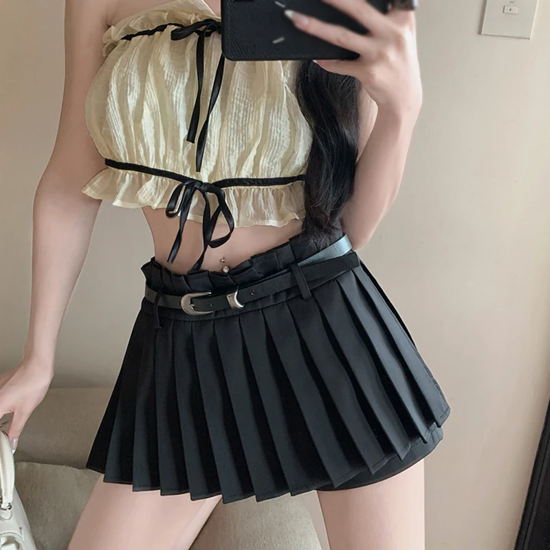 Women\'s Half Skirt With Belt High Waist Pleated Skirt Sweet And Spicy Short Style Sexy Slim Hotgirl Streetwear Solid Colour