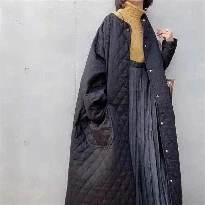 Foreign Trade Loose Casual Coat 2023 Autumn Winter New Korean Version Thickened Cotton Cladding Diamond Grid Long Solid Commuter