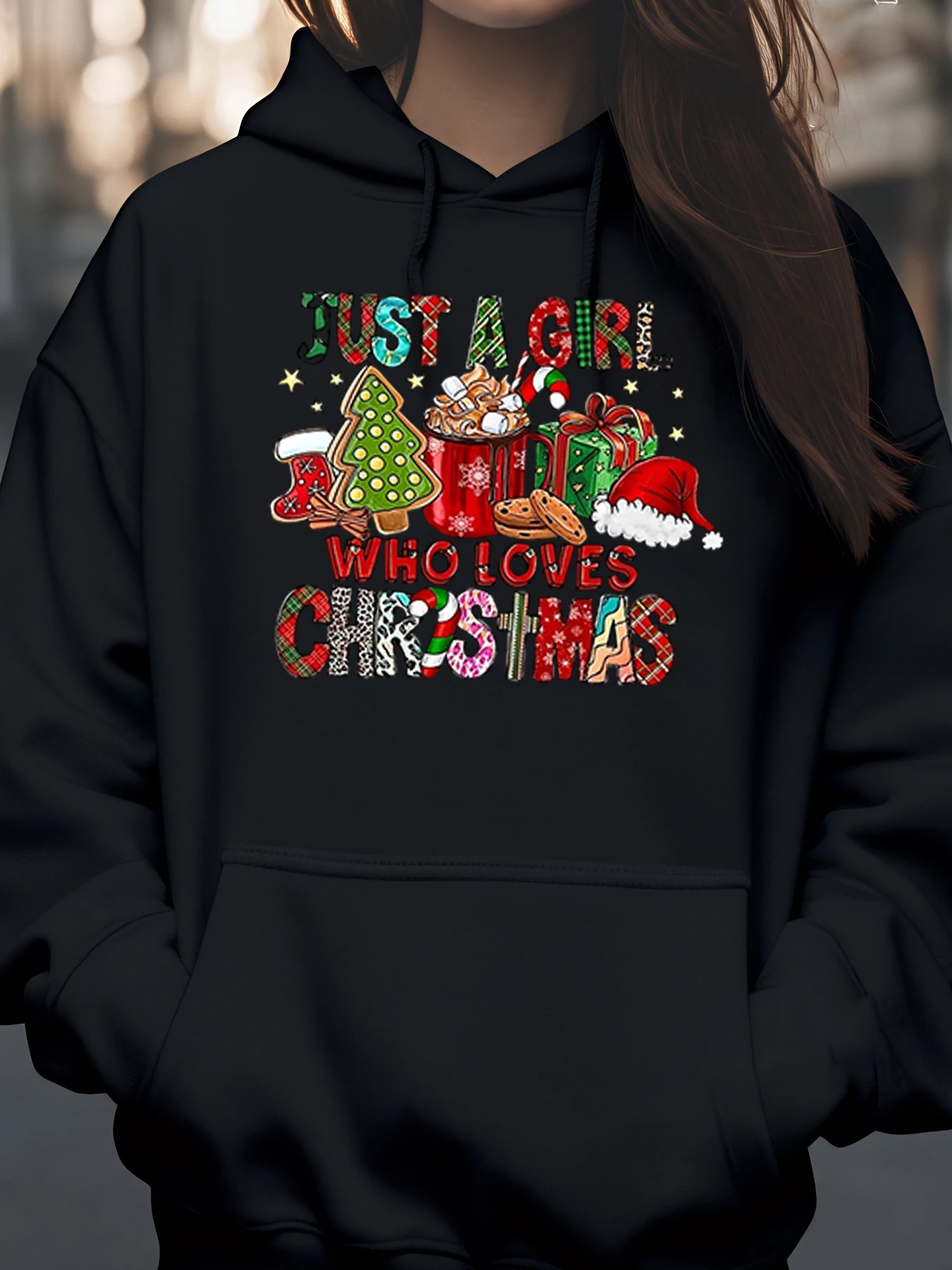 Christmas Tree Cookie Santa Print Christmas Hoodie Holiday Casual Wear Women