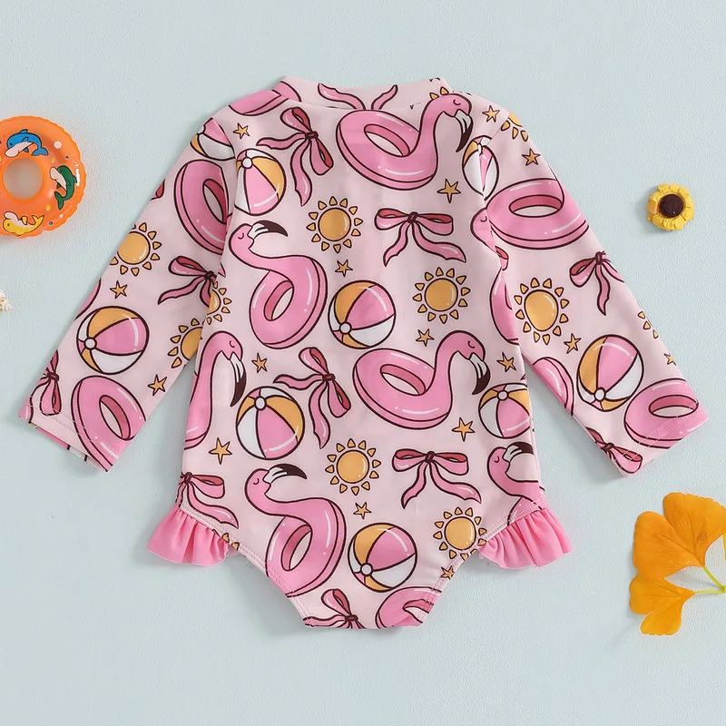 0 إلى 5 سنوات طفلة كشكش ملابس السباحة سحاب أكمام طويلة طفح الحرس ثوب السباحة لطيف القوس نمط ملابس السباحة