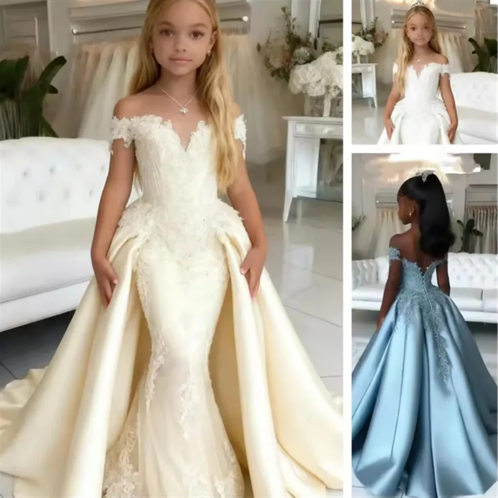 

Luxury Satin Customized Flower Girl Dress For Wedding Off Shoulder Applique Kids Birthday Party Dress Girls First Communion Gown