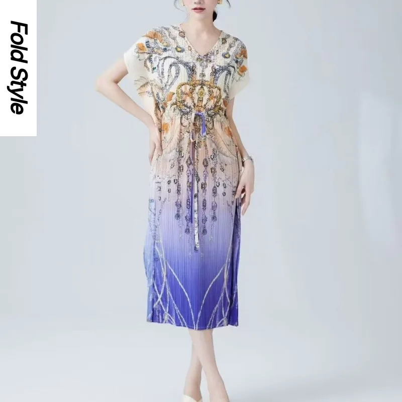 

2025 New Summer Gradual Change Pleated Dress Retro Fashion Versatile Elegant Crystal Print Dress Women's Clothing