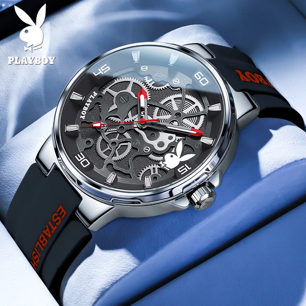 PLAYBOY Casual Fashion Luxury Quartz Watch for Men Luminous Waterproof Wrist Watch Men Original New Silicone Strap Man Watch