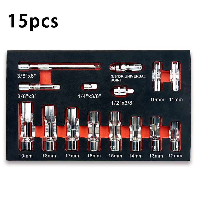 

15-piece automotive fuel injection pipe opening end wrench set | 3/8 inch drive, swivel joint, automotive repair tool kit