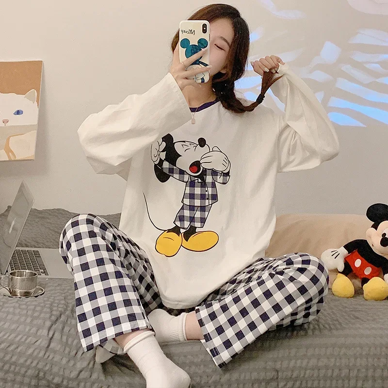 Disney Mickey Spring and Autumn New Cartoon Pajamas Women\'s Crew Neck Cute Winnie the Pure Cotton Loose Loungewear