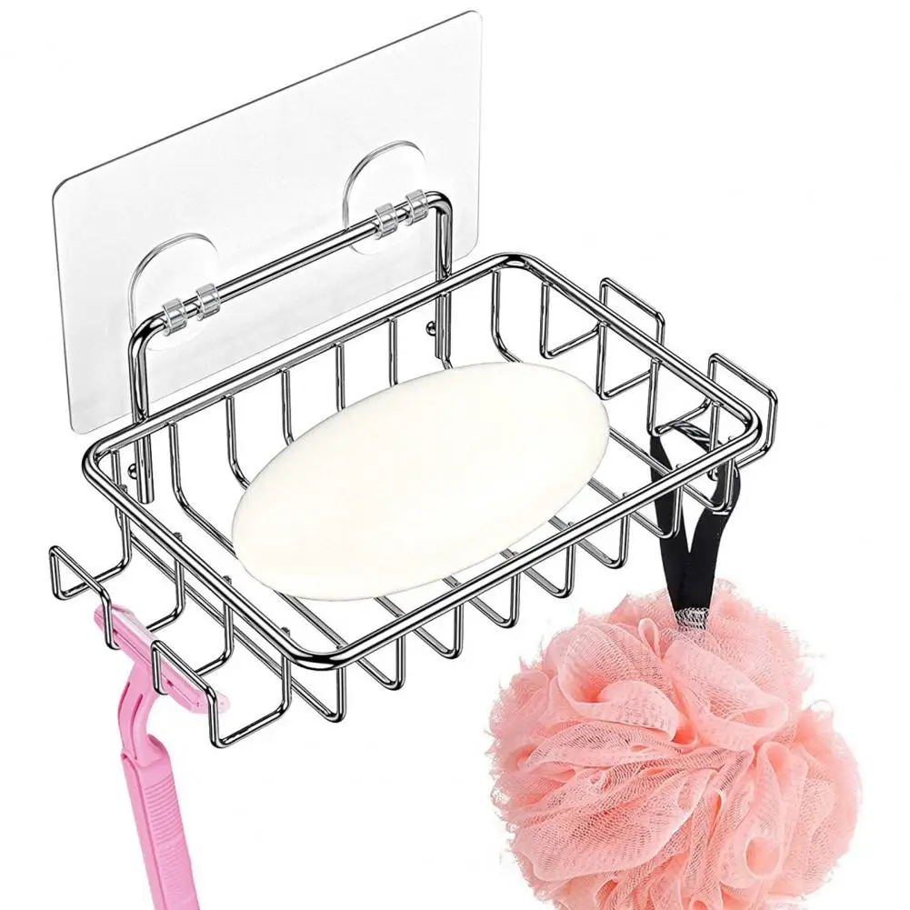 

Bath Sponge Organizer Non-drilling Soap Dish Stainless Steel Wall-mounted Soap Holder with Drainage Hooks Anti-slip for Razor