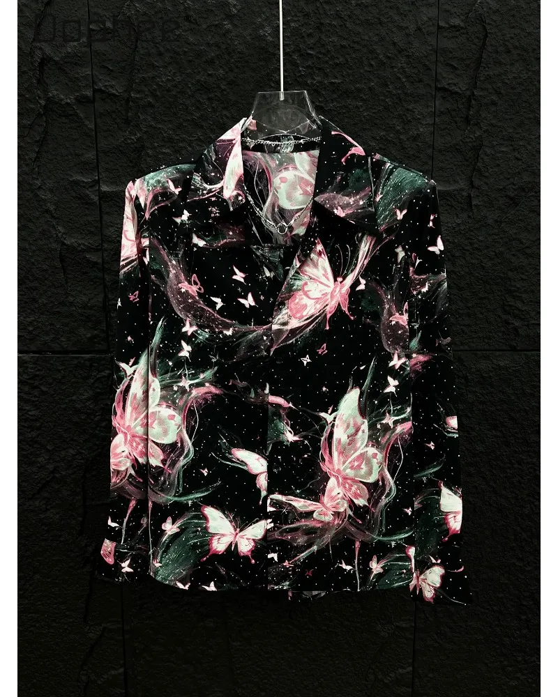 2026 Spring and Autumn Men's Lapel Long Sleeve Shirt Starry Pink Butterfly Print Retro Loose Casual Street Daily Vacation Top