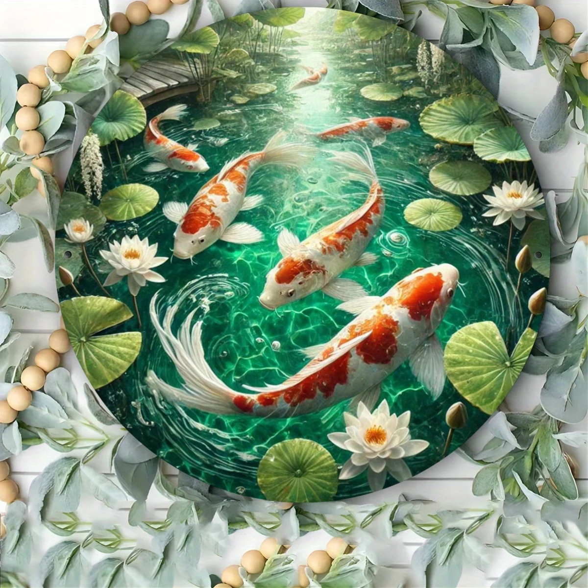 1pc Koi Pond Metal Tin Sign - 8.0X8.0 inch Round Wall Art, Iron Crafted Aluminum Foil Carving, Decorative Hanging Plaque for Hom