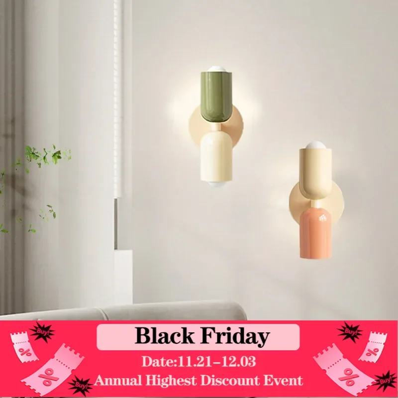 Modern LED Wall Sconce Macaron Black Base E27 Head Bedside Living Room Study Hallway Hallway Balcony Decorative Lighting Fixture