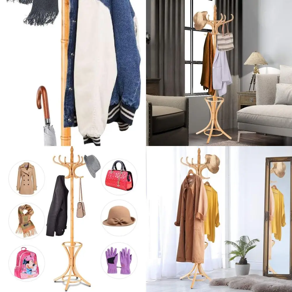 

Oak Wooden Freestanding Coat Rack with 12 Hooks and Umbrella Stand, 73 Entryway Tree for Hats, Scarves, Bags, Easy Assembly