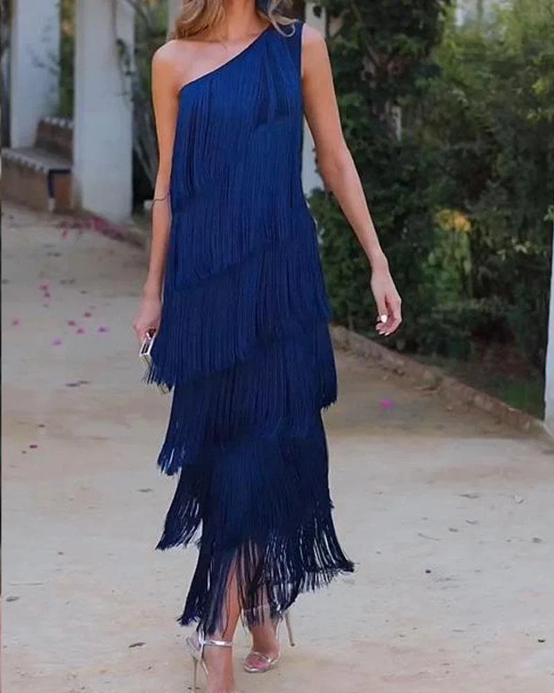 A46 Fashionable fringed shoulder asymmetrical dress evening dress