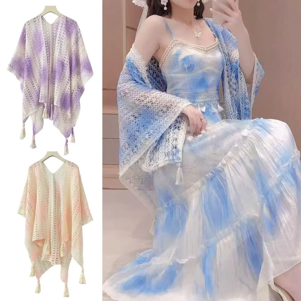 

Женская мода Tie Dye вязаная ажурная шаль в богемном этническом стиле монгольское пончо универсальный кардиган шаль с кисточками